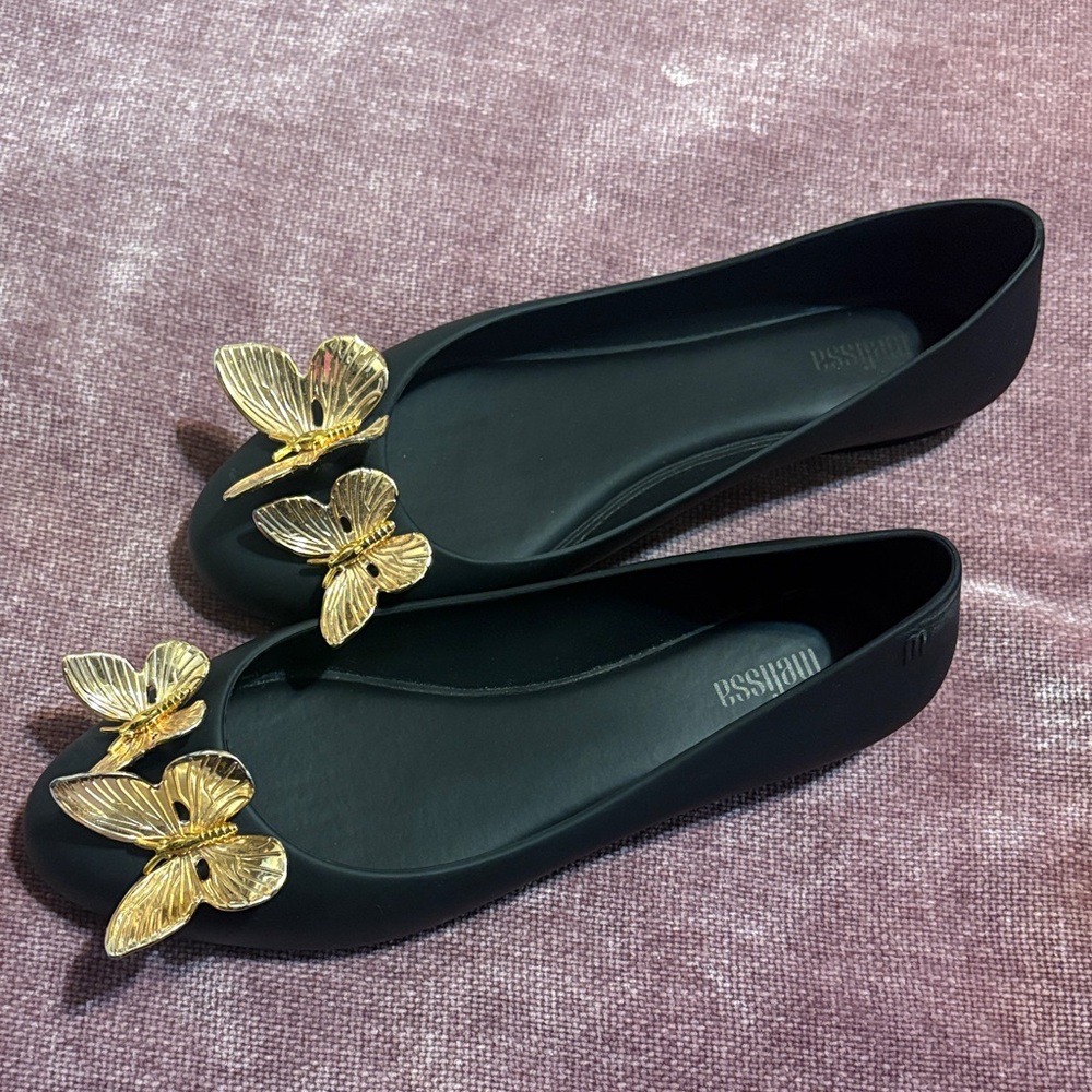 Melissa Black Flats with Gold Butterfly Accents